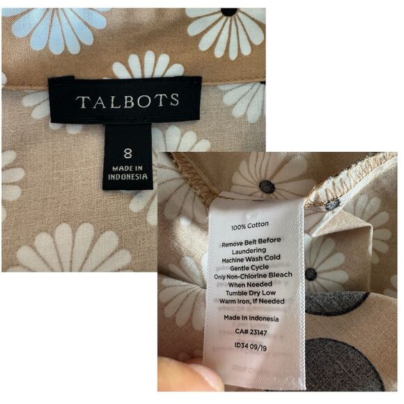 TALBOTS Womens Midi Shirt Dress Tan Daisy Polk Dot Floral Print Size 8 Retro - Picture 10 of 10